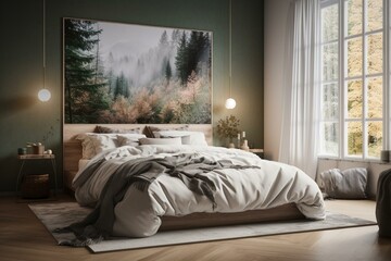 Sustainable bedroom decor featuring wall mockup and artwork. 3D rendered illustration. Generative AI