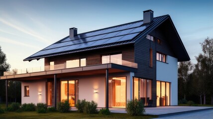 A modern, well-insulated home with solar panels on the roof, exemplifying energy-efficient construction and renewable energy integration