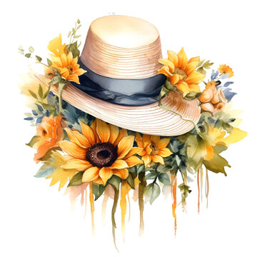 Watercolor
hat with sunflower autumn clipart Generative AI, png image.