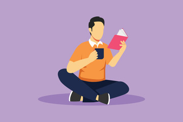Graphic flat design drawing smart student preparing for exam. Young man studying, reading textbook, drink cup of coffee. Reader sitting on floor, learning in library. Cartoon style vector illustration