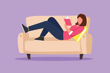 Graphic flat design drawing young beautiful woman laying on sofa and reading book at home. Female reading book. Self education, distance studying, relaxing concept. Cartoon style vector illustration