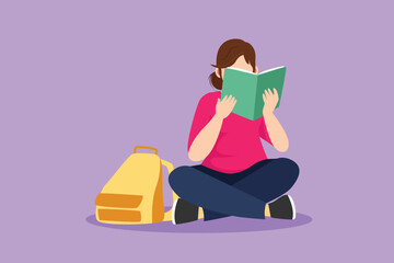 Graphic flat design drawing happy young woman reading book and sitting on floor. Smart beautiful female reader enjoying literature or studying and preparing for exam. Cartoon style vector illustration