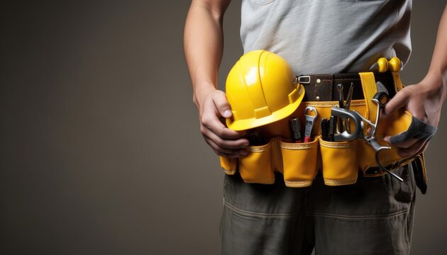 Closeup image of a male construction worker holding yellow helmet and tool belt.