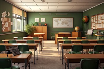 Classroom interior with green walls and wooden floor