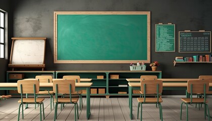 Classroom with green chalkboard - obrazy, fototapety, plakaty