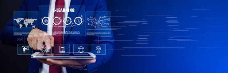 E-learning education with Online Courses e-learning concept. Learning workshop learn to think internet training knowledge technology, online learning with webinars, video tutorials, internet lessons