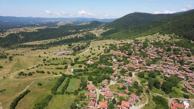 Aerial view of village of Zheravna with nineteenth century houses, Sliven Region, Bulgaria