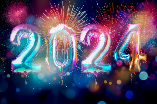 2024 foil balloons with beautiful fireworks display at night with bokeh lights, festive background