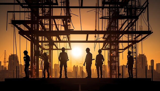 silhouette of engineer and worker working on construction site at sunset