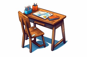 Cartoon Style Classroom Desk and Chair on White. AI generated