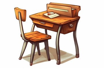 Cartoon Style Classroom Desk and Chair on White. AI generated