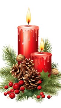 Two red candles with pine cones and holly leaves. Digital image. Christmas decoration.