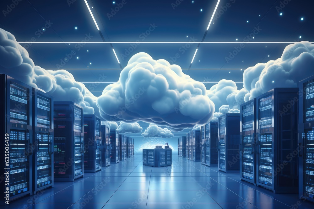 Poster cloud computing concept with servers in data center 3d rendering toned image, backup cloud data serv