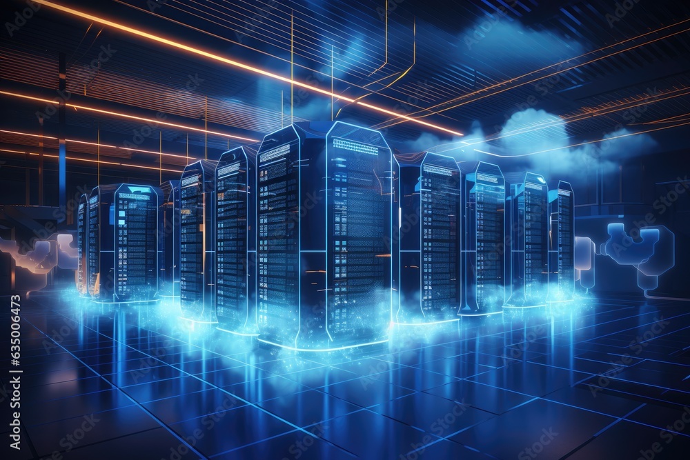 Poster server room data center with glowing lights 3d rendering toned image, backup cloud data service cent