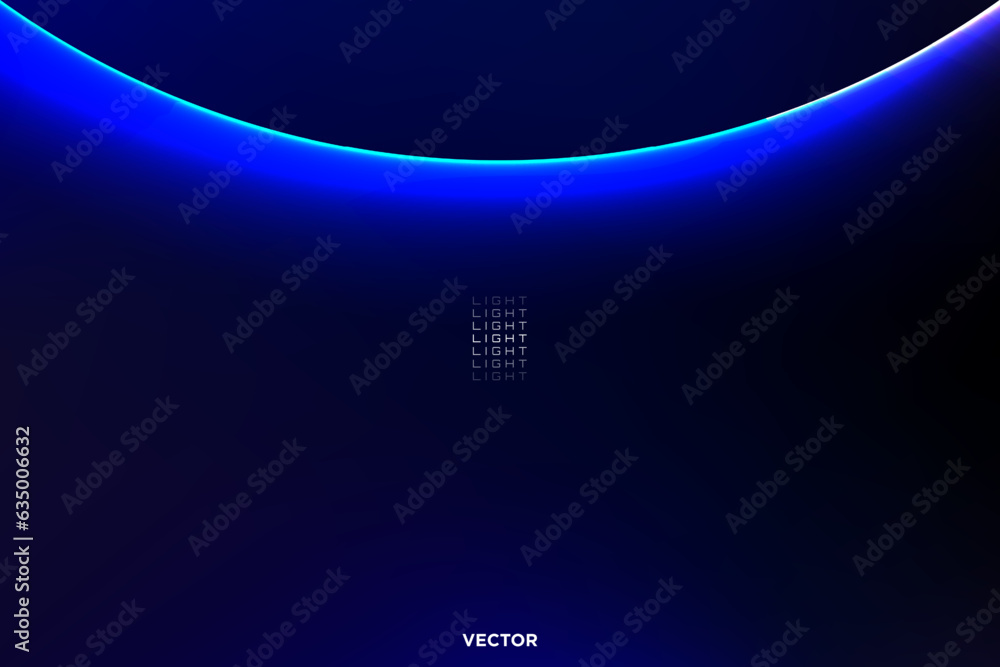 Poster cyber abstract background with thin white glowing arc on top and big blue space for copy and text. p