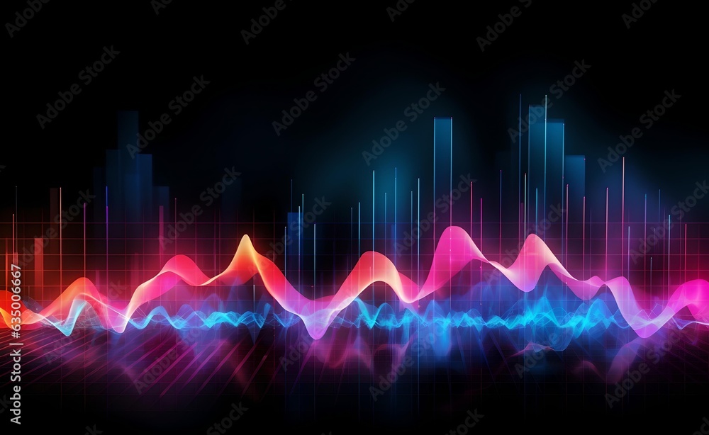 Poster abstract multicolored waves on black background. generative ai.
