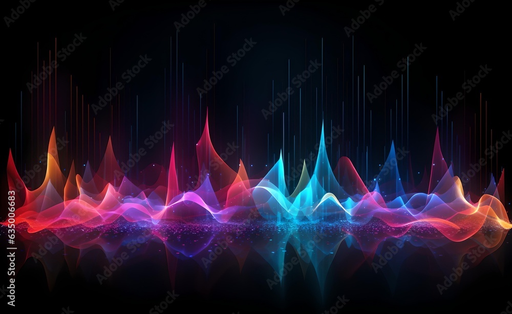 Poster abstract multicolored waves on black background. generative ai.