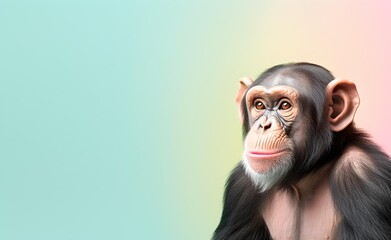 Creative animal concept. Chimpanse head over pastel bright background. Generative AI.