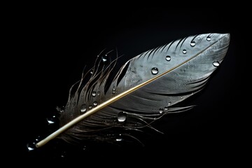 feather of a bird with water drops on a black background. Beautiful feather with water drops on black background, closeup, AI Generated