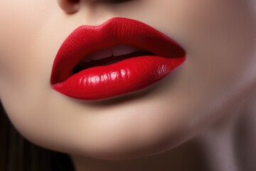 Close-up portrait of beautiful woman's lips with red lipstick. Beautiful female sexy lips, AI Generated