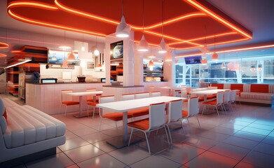 Fast food restaurant with modern, sleek interior, featuring clean lines and bright colors. Generative AI.