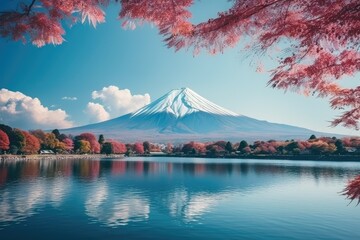 Naklejka premium Mt. Fuji and lake Kawaguchiko, Japan. Beautiful Fuji mountain and lake landscape view with colorful tree leaves, AI Generated