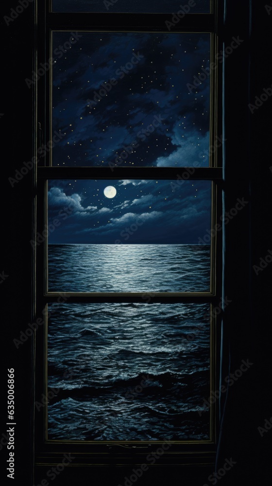Poster a window with a view of the ocean at night. digital image.