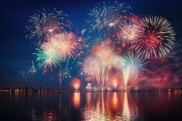 Fototapeta na wymiar Colorful fireworks of various colors over night sky with reflection on water, Beautiful firework display for celebration with blur bokeh light, AI Generated