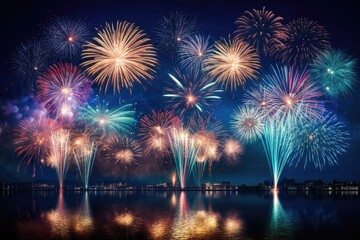 Fototapeta na wymiar Colorful fireworks of various colors over night sky with reflection on water, Beautiful fireworks display for celebration night, AI Generated