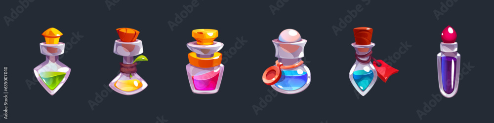 Poster glass bottles with magic elixir or potion. cartoon vector illustration set of game icon vials with c