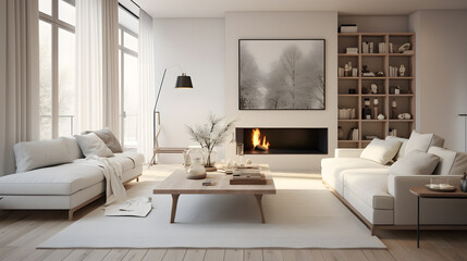 Interior Modern living room witt sofa, vase, table and white wall,Scandinavian living room design