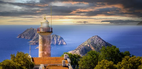 Fotobehang Gelidonya lighthouse, just like a hidden paradise located between Adrasan and Kumluca, is one of the locations where green and blue suit each other the most on the Lycian way for hikers and trekkers. © Samet