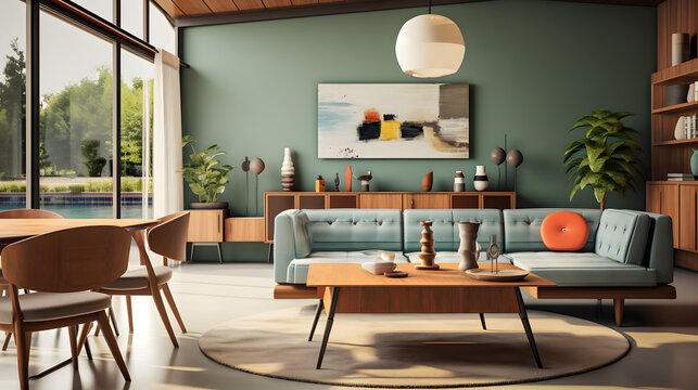 Interior design of living room with chairs and dining table against green wall. Scandinavian, mid-century home interior design 