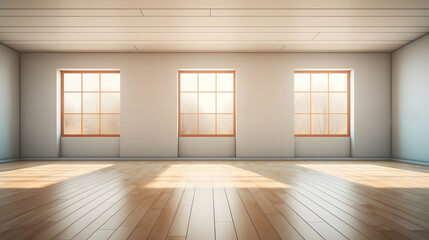 Obraz premium Empty Room There with windows, white walls, and a wooden floor, Mock up design for product presentation background or branding concept