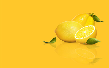 Yellow lemons and copy space for your text. minimal idea concept on yellow pastel color background, 3D.