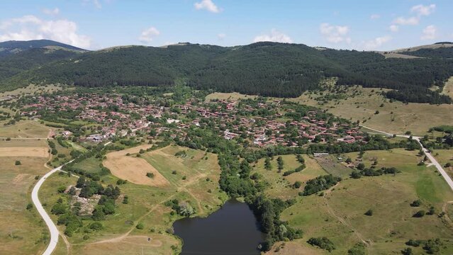 Aerial view of village of Zheravna with nineteenth century houses, Sliven Region, Bulgaria