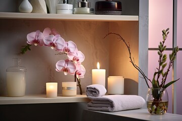 Bathroom d�cor with gentle lighting, cosmetics, flowers, and towel on shelf, for advertising or design purposes.