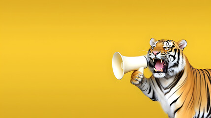 Tiger announcing using hand speaker. Notifying, warning, announcement
