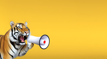 Tiger announcing using hand speaker. Notifying, warning, announcement