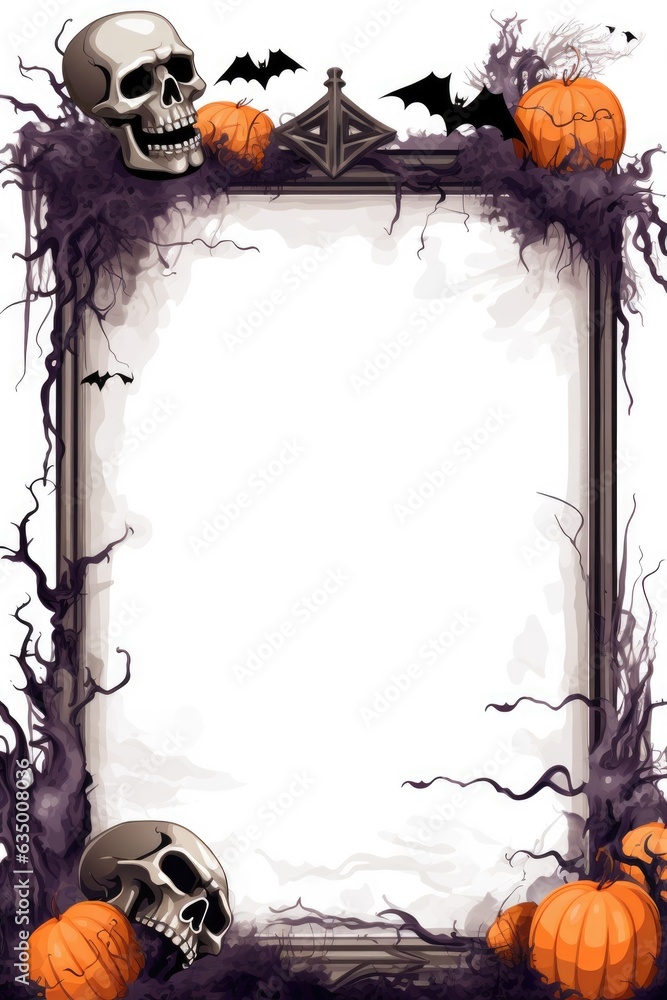 Poster a halloween frame with a skull and pumpkins. digital image. frame with copy space.