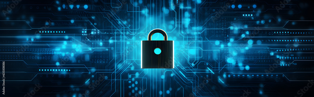 Poster lock on circuit pattern. concept of data security and cybersecurity