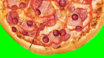 Food animation of moving pizzas on a green chroma key background