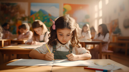  Girl studying in classroom. Ai generation.