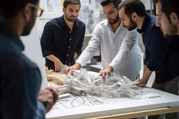 An architect collaborating with a team of engineers and designers, discussing plans and concepts on a large-scale architectural model. Generative AI - obrazy, fototapety, plakaty