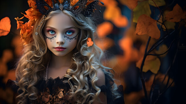 Portrait of a girl in a Halloween's mask and costume.