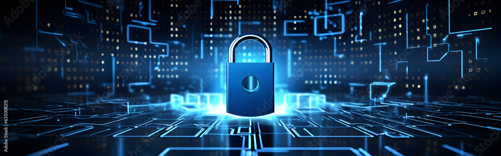 Poster lock on circuit pattern. concept of data security and cybersecurity