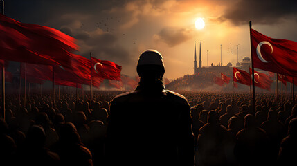Silhouette of a man with Turkish flag on the sky. - obrazy, fototapety, plakaty