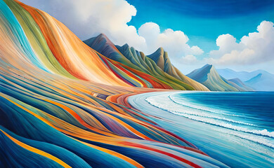 Colorful Curve in Nature: a Panoramic Landscape with Blue Sky, Clouds, and Waves. Generative AI