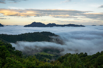 mountain summit covered by sea of cloud with fantastic sky in the morning (Tak province, Thailand)