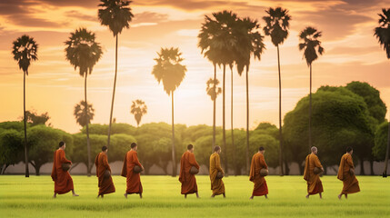 Buddhist monks walking across green field with palm trees in morning